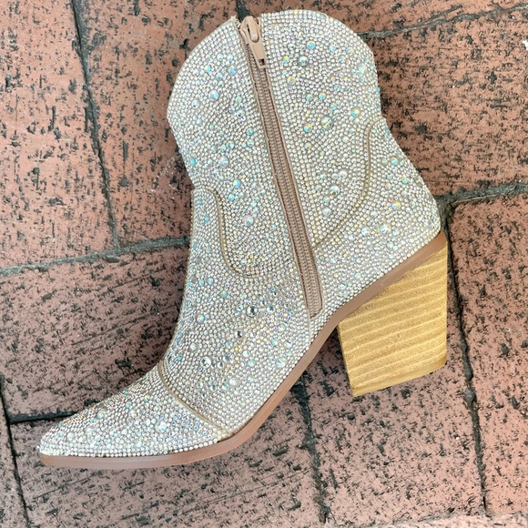 MIIM ANGEL Silver Rhinestone Gem Embellished Ankle Western Heeled Cowboy Boot - Picture 9 of 12